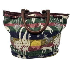 Woven Safari Scene Purse Blue Red Yellow Green Vintage Fabric Top Handle